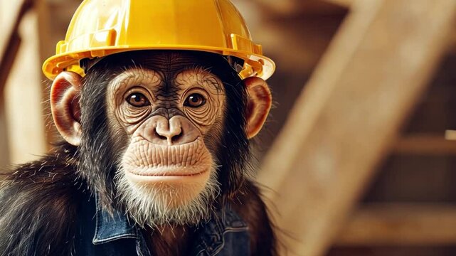 Monkey in Hard Hat and Denim Shirt Holding Wrench on Construction Site, Safety First, Animal Worker Theme, Fun and Unique Concept