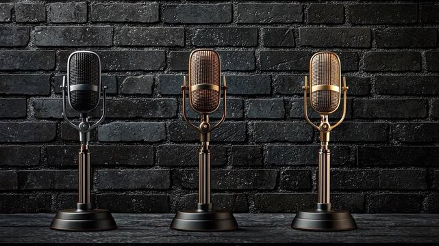Vintage Microphones in a Row Against a Dark Brick Wall Highlighting an Artistic Setup Perfect for Music Events, Podcasts, or Recording Studios