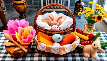 Naklejka premium Pastel Easter Still Life with Bunny Figurines and Decorated Eggs_Description_Easter still life