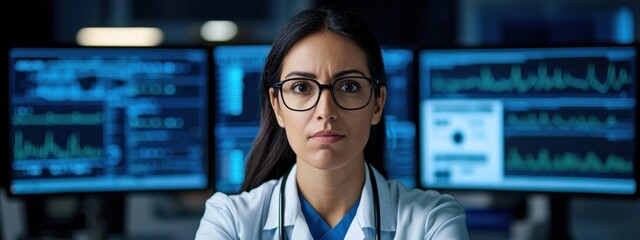 Focused Female Doctor Analyzing Medical Data in Monitoring Room