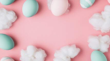Pastel Easter eggs. Pastel Easter eggs arranged on a pink background with cotton clouds.