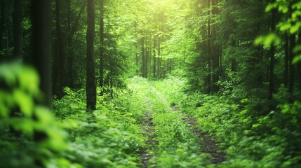 Obraz premium Serene forest path, lush green foliage surrounding a tranquil trail, illuminating sunlight creating a peaceful atmosphere.