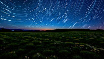 Fototapeta premium Starry Night Over Field Landscape With Trails of Stars Underneath The Night Sky