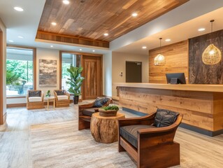 The cozy and inviting modern reception area features natural wooden elements