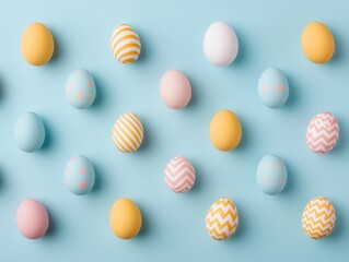 Fototapeta premium Pastel Easter eggs. Colorful Easter eggs arranged on a pastel blue background.