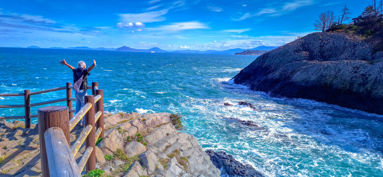 Nanatsugama, formed due to erosion from stormy waves of the Genkai Sea hitting the cliffs, designated as a National Natural Monument, Karatsu, Saga, Kyushu, Japan