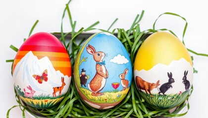 Fototapeta premium Three Decorated Easter Eggs With Whimsical Designs for Spring Celebration