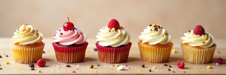Assorted mini cupcakes with various toppings arranged on a light wood table , frosting, variety