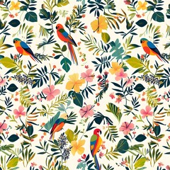 Fototapeta premium Vibrant Tropical Parrot and Floral Seamless Pattern