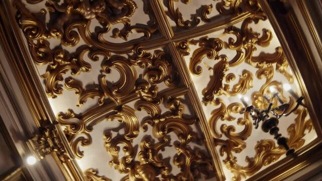 Ornate baroque ceiling scroll overhead shot revealing luxurious details