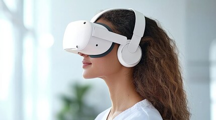 Young Woman Enjoying Immersive Virtual Reality Experience at Home
