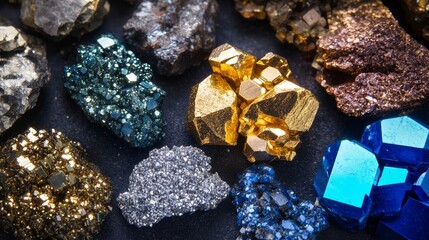 Close-up of various metal, rock, and mineral cut samples on a dark background, rare earth elements deal, highlighting their economic and technological significance.
