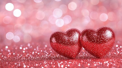 Fototapeta premium Two Sparkling Red Hearts on a Glittery Background: A Valentine's Day Romance