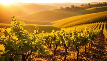 Golden hour sunlight bathes rolling vineyards, a single vine in sharp focus, relaxed, evening