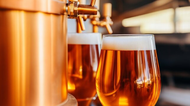 Close-up of freshly poured craft beer in elegant glasses with brewing equipment in the background