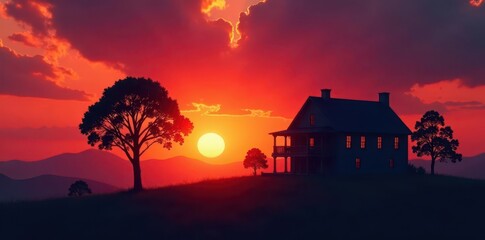 Silhouetted colonial home against fiery sunset sky , silhouette, sky backdrop