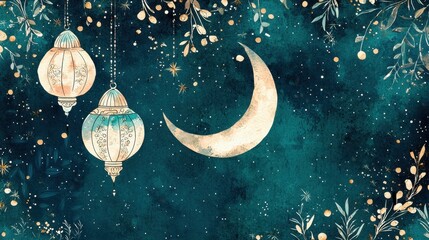A festive watercolor composition of Ramadan Kareem with intricate lanterns, delicate floral patterns, and a shining crescent moon on a starry background.