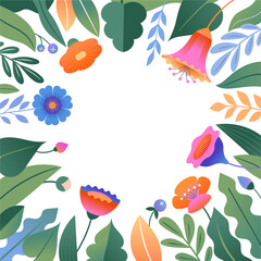 A floral frame with abundant greenery and flowers.