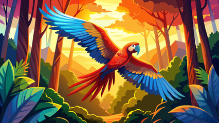vector of striking scarlet macaw flying between the tall trees, its red, yellow, and blue feathers shining in the golden afternoon light © koushkij