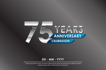 75th years anniversary celebration emblem. elegance silver anniversary logo isolated with blue ribbon. vector illustration template design for web, flyers, poster, greeting card and invitation card