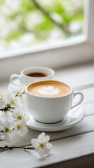 Obraz premium White cup of cappuccino with latte art, beside a smaller cup, on a white wooden surface with white cherry blossoms, near a window with blurred green background showcasing relaxing spring morning scene