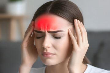 Fototapeta premium Woman with a severe headache highlighted in red