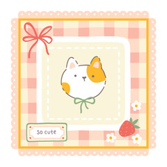 Gingham vector print template with kawaii cute cat and strawberries. Tartan check for tablecloths, napkins, clothes, packaging, for the Easter. Cute childish background, pastel palette.