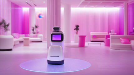 A futuristic office space where an advanced robotic assistant organizes tasks on a smart holographic display.