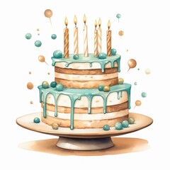soft turquoise and light brown birthday cake, watercolor painting style
