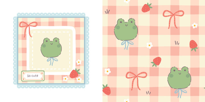Gingham seamless vector pattern and print template with kawaii little frog and strawberries. Tartan check for tablecloths, napkins, clothes, packaging, for the Easter. Cute childish pastel palette.