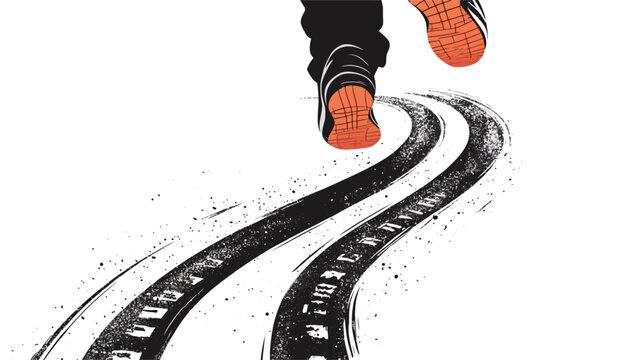 A stylized illustration depicting a pair of legs, clad in orange shoes, running along a path marked by tire tracks. The style is minimalist, using a black silhouette for the legs against a white