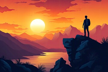 Fototapeta premium A single traveler with a backpack stands on the edge of a cliff, watching a breathtaking sunset over the mountains or sea. Perfect for use in travel ads or motivational content.