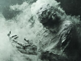 Human figure emerging from dust. A visual metaphor for fragility, impermanence, and transformation. Dark and ethereal aesthetic.