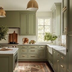 An elegant and classic kitchen interior with green cabinets and decor