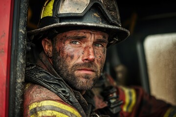 Fototapeta premium a firefighter's portrait with a determined look on his face and dirty with soot and grime, showcasing his dedication to the job