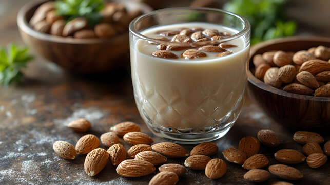 A glass of almond milk with soaked almonds in a wooden bowl