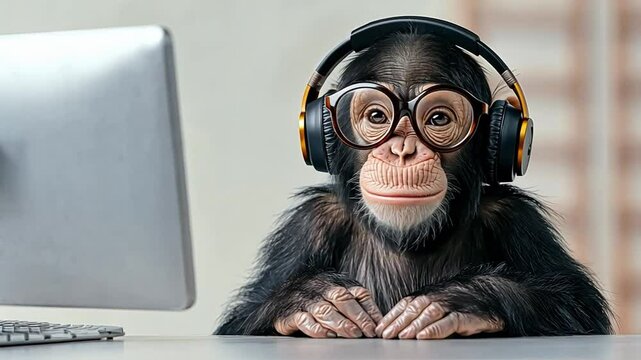 Playful monkey wearing large headphones and stylish glasses while sitting at a computer desk, representing technology and entertainment in wildlife