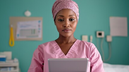 Professional nurse in pink scrubs using tablet in hospital setting