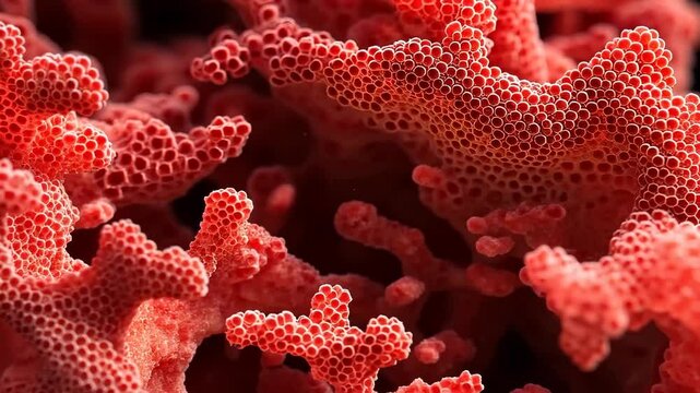 Close-up view of vibrant red coral structures, showcasing intricate patterns and textures. The image highlights the unique formations and colors of marine life. Mineral pattern texture macro.