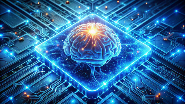 A luminous digital brain floating in a deep blue void, with glowing microchips, circuits, and high-voltage electrical currents sparking through its neural network. - Powered by Adobe