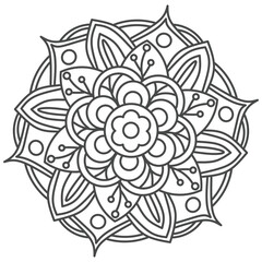 Intricate Floral Mandala, A detailed black-and-white mandala floral design. Suitable for coloring books, meditation art, and decorative prints.