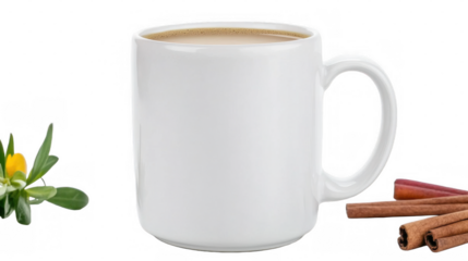 A stylish white coffee mug filled with rich coffee, accompanied by cinnamon sticks and a delicate flower, isolated with a transparent background.