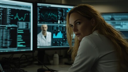 Focused analyst in tech space, young woman with long hair working on dual screens, immersed in data and code, modern environment.