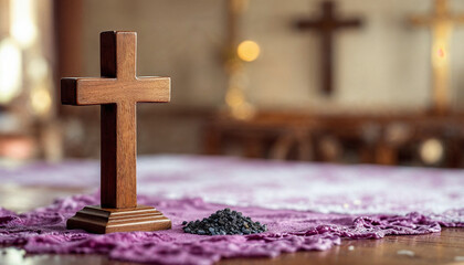 a cross on the table and a small pile of ashes