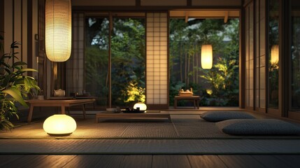 Serene japanese tea room tranquil garden view interior design evening ambiance peaceful atmosphere zen concept