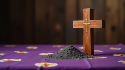 a cross on the table and a small pile of ashes