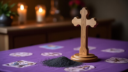 a cross on the table and a small pile of ashes
