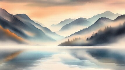 Obraz premium Masterful watercolor blending creates an ethereal, tranquil scene of lakes and mountains.