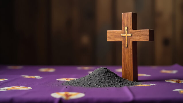 a cross on the table and a small pile of ashes - Powered by Adobe