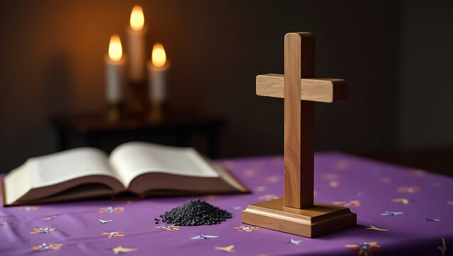 a cross on the table and a small pile of ashes
